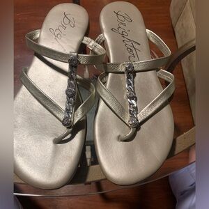Brighton Metallic Silver T-Strap Sandals with Chain Accents